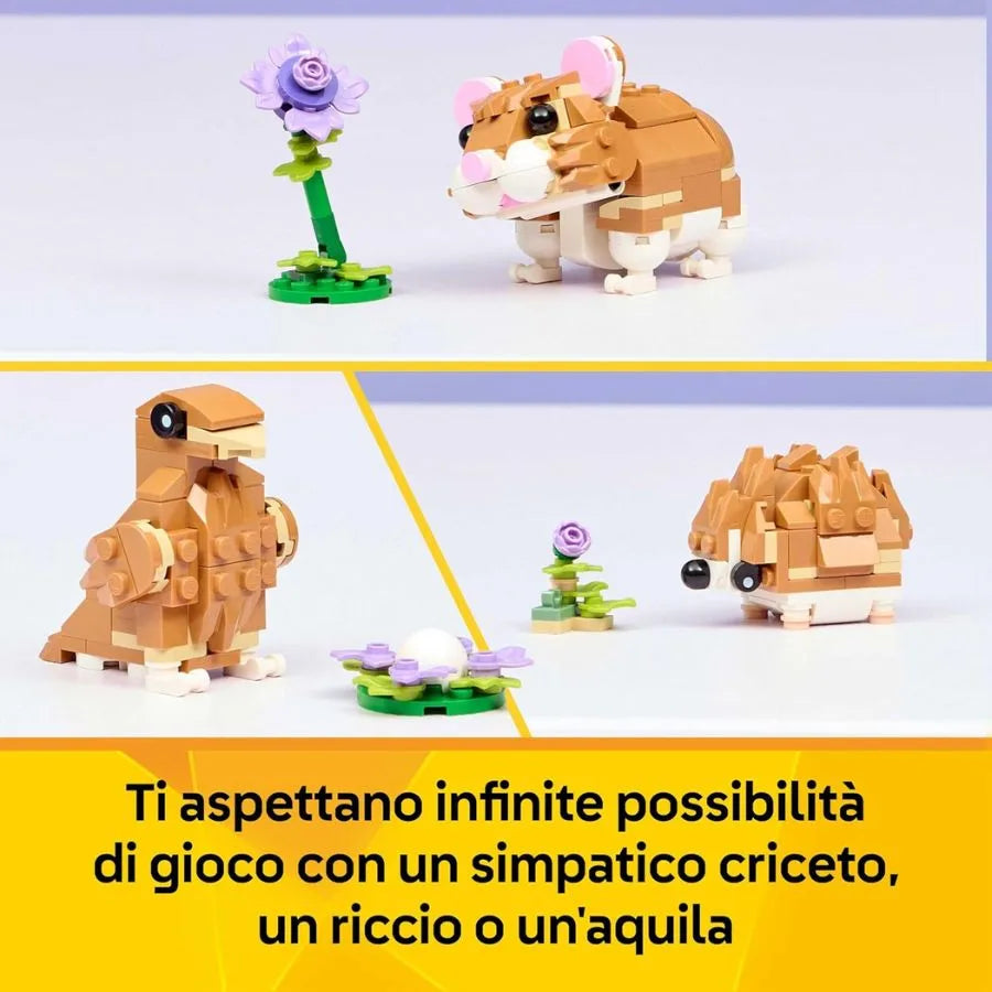 LEGO Simpatico Criceto con Fiore – Animale Trasformabile in Riccio o Aquila - LEGO Creator 3 in 1 | 15cm x 14cm x 4,5cm