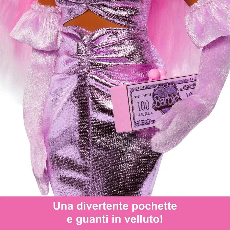 Barbie Deluxe Style n.1, capelli rosa e abito lucido Barbiecore con accessori di lusso – Mattel | 4cm x 9,5cm x 29,5cm
