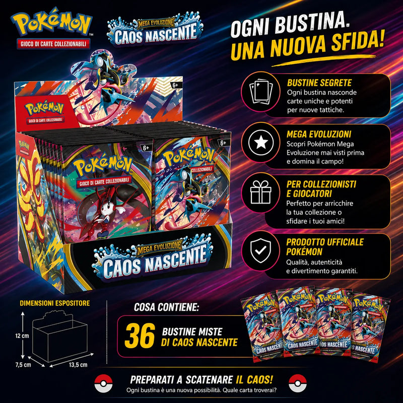 Booster Box Caos Nascente - 36 Bustine - Pokémon TCG | 13,5cm x 7,5cm x 12cm