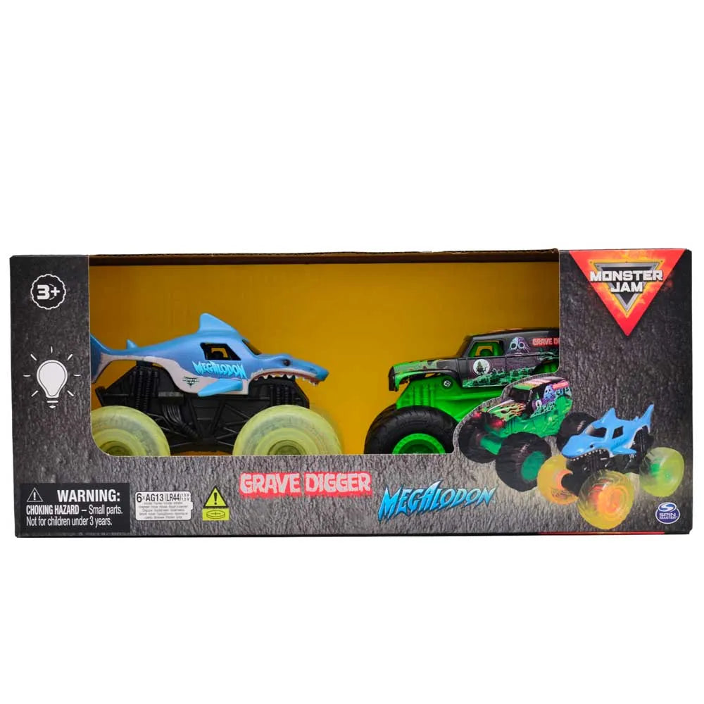 Monster Jam Grave Digger & Megalodon – Pack Doppio Veicoli Luminosi 1:43 – Spin Master | 30,5cm x 12cm x 13cm
