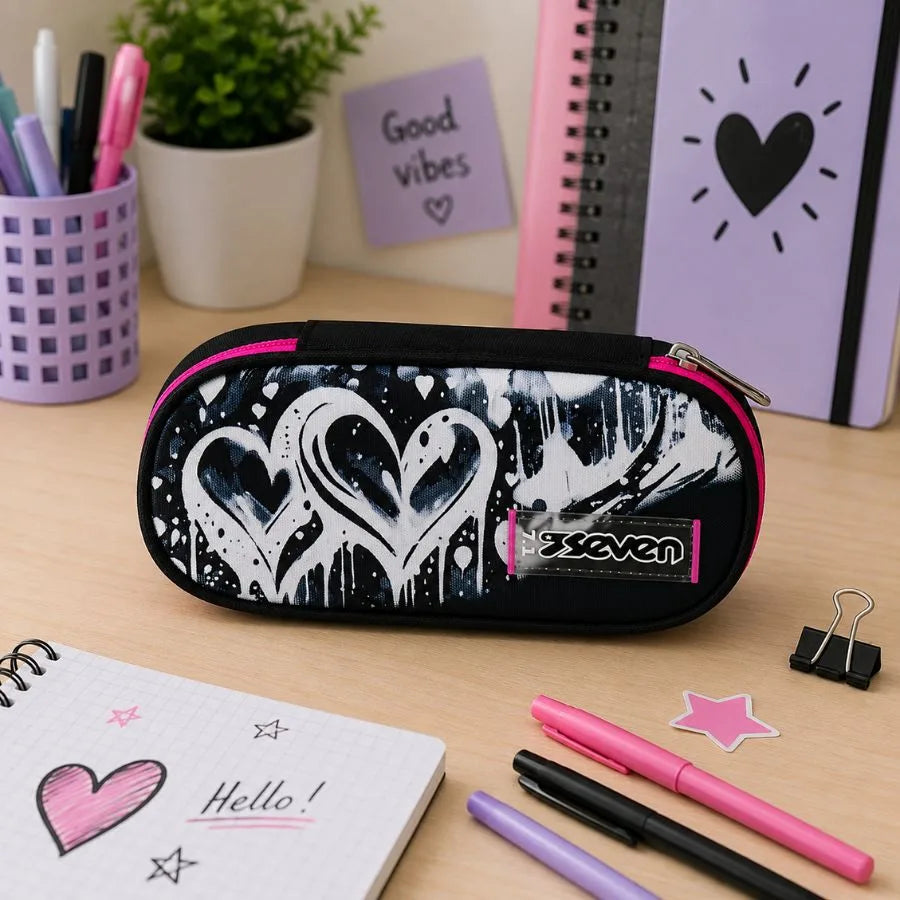 Portapenne Scuola Round Nero Rosa – Linea PLUMPY - Seven | 22cm x 10cm x 6cm