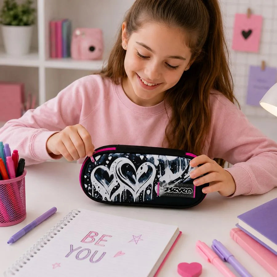 Portapenne Scuola Round Nero Rosa – Linea PLUMPY - Seven | 22cm x 10cm x 6cm