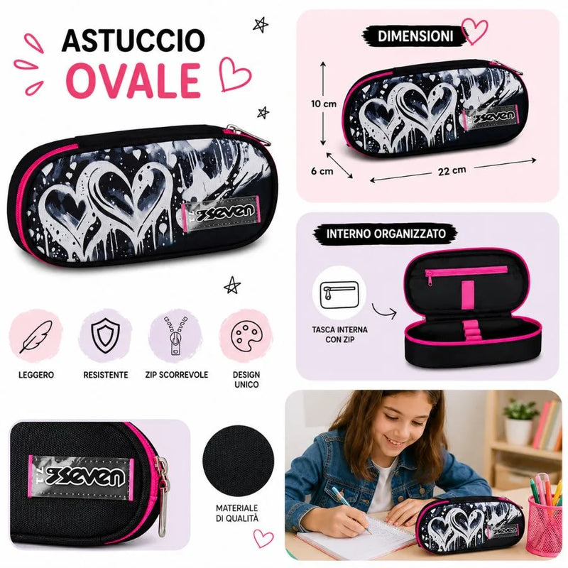 Portapenne Scuola Round Nero Rosa – Linea PLUMPY - Seven | 22cm x 10cm x 6cm
